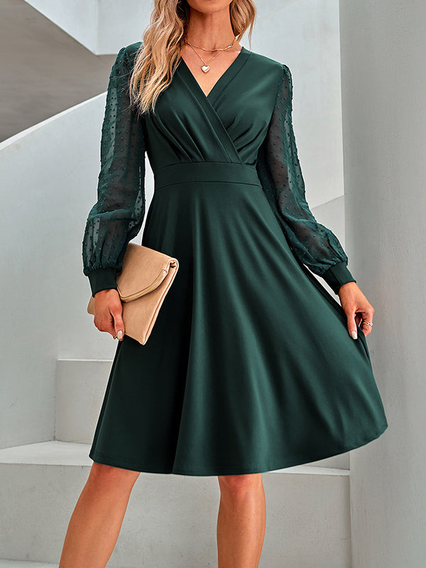 Gauze Pleated Split-Joint A-line Long Sleeves V-neck Midi Dresses