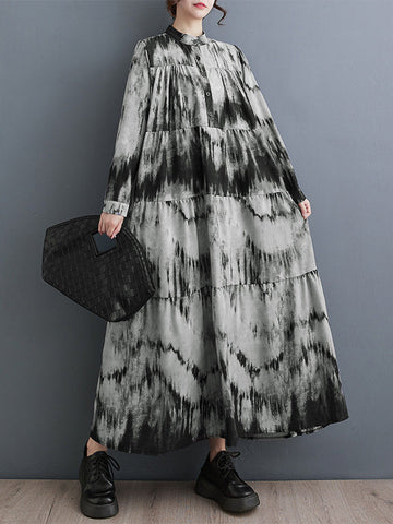 Pleated Split-Joint Tie-dyed Long Sleeves Loose Stand Collar Midi Dresses