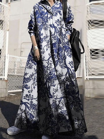 Printed Split-Joint Long Sleeves Loose Lapel Shirt Dress