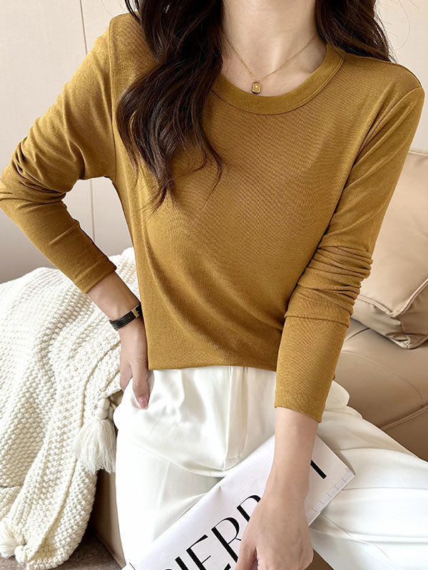 Solid Color Long Sleeves Round-neck Skinny T-Shirts Tops