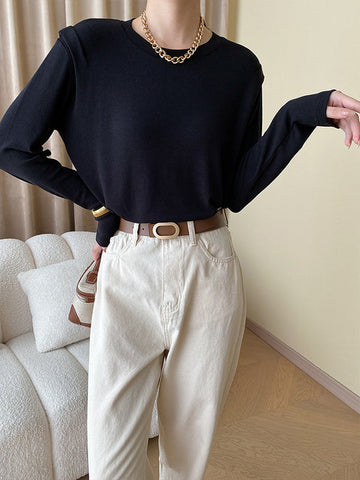 Solid Color Split-Joint Long Sleeves Round-Neck T-Shirts Tops