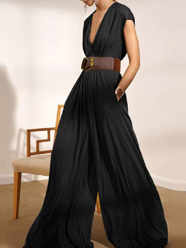 Urban Loose Wide Leg Solid Color V-Neck Jumpsuits Bottoms