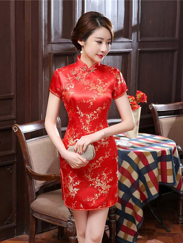 Red Plum Blossom Short Cheongsam Dress