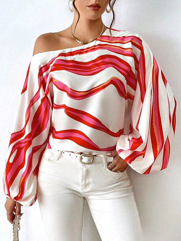 Asymmetric Striped Long Sleeves Loose One-Shoulder Blouses&Shirts Tops