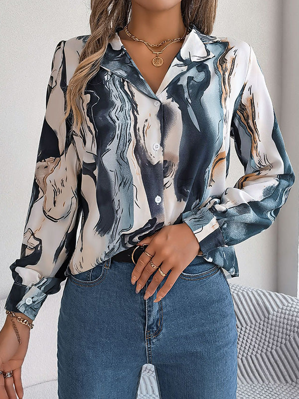 Buttoned Printed Long Sleeves Loose Notched Collar Blouses&Shirts Tops