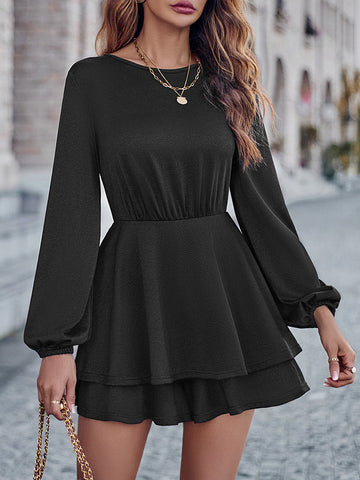 Elasticity Hollow Pleated Solid Color Long Sleeves Puff Sleeves Round-Neck Rompers