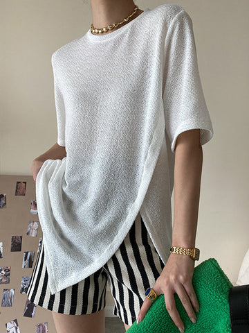 Asymmetric See-Through Solid Color Split-Front Half Sleeves Loose Round-Neck T-Shirts