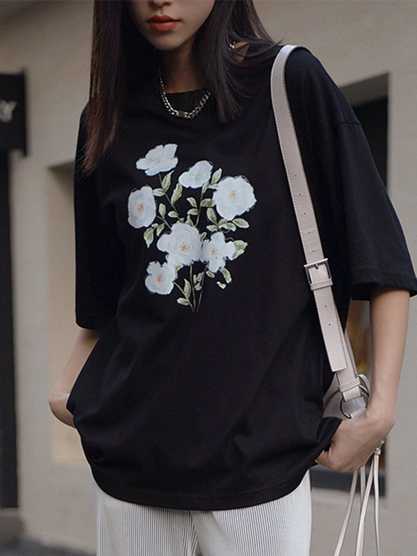 Casual Loose Round-Neck Floral Printed T-Shirt