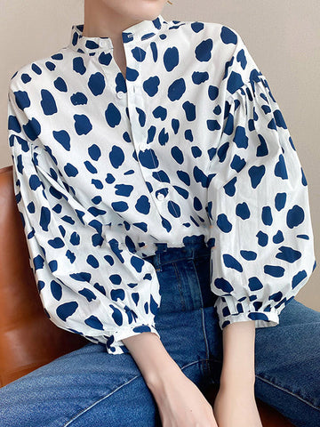 Pleated Polka-Dot Split-Joint Loose Puff Sleeves Stand Collar Blouses