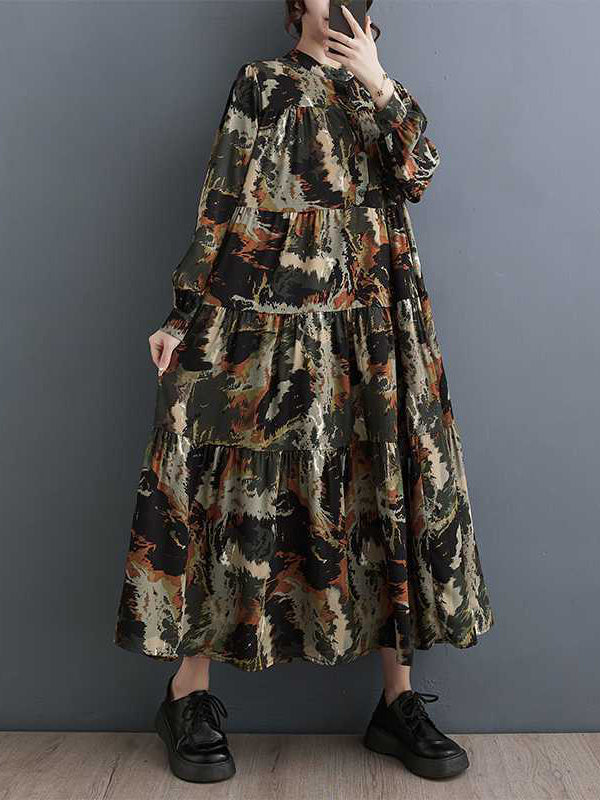 Pleated Printed Split-Joint A-Line Long Sleeves Round-Neck Midi Dresses