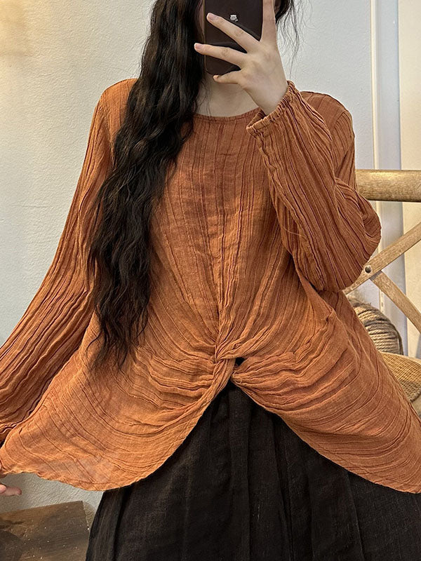 Pleated Solid Color Long Sleeves Loose Round-neck Blouses&shirts Tops