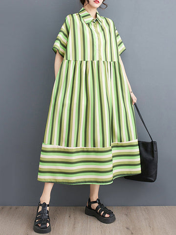 Split-Joint Striped Loose Short Sleeves Lapel Midi Dresses