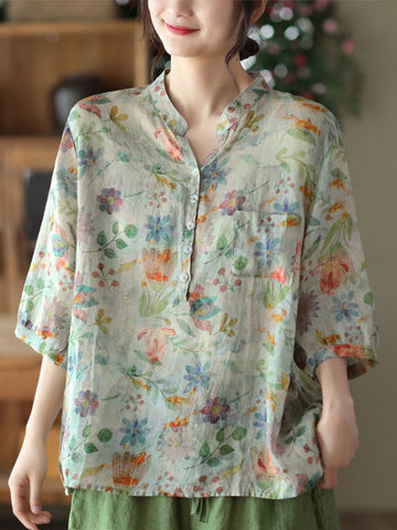 Vintage Loose Buttoned Floral Printed Stand Collar Blouses&Shirts Tops