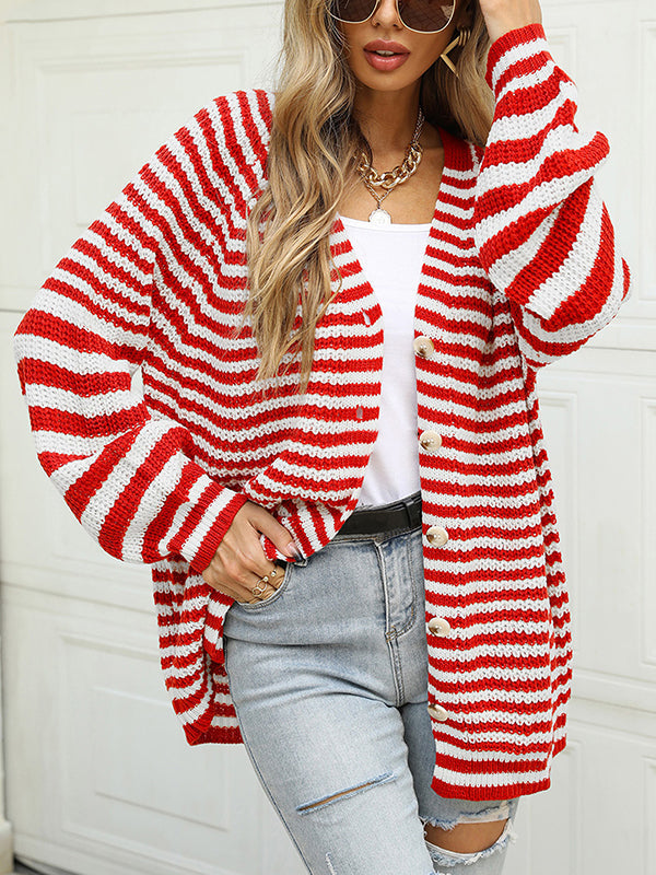 Casual Loose Long Sleeves Striped V-Neck Cardigan Tops