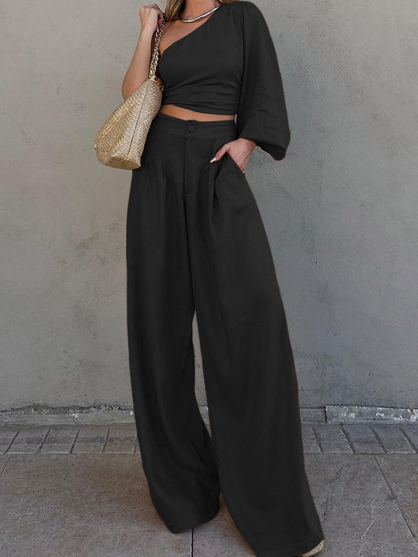 Solid Color One-Shoulder Long Sleeves Loose Asymmetric Elasticity Knot Pleated Shirts Top + Pants Bottom Two Pieces Set