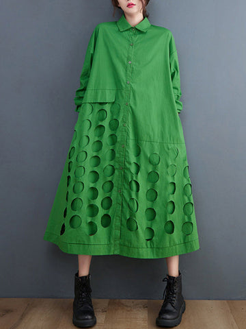 Asymmetric Hollow Polka-Dot Solid Color A-Line Long Sleeves Lapel Midi Dresses