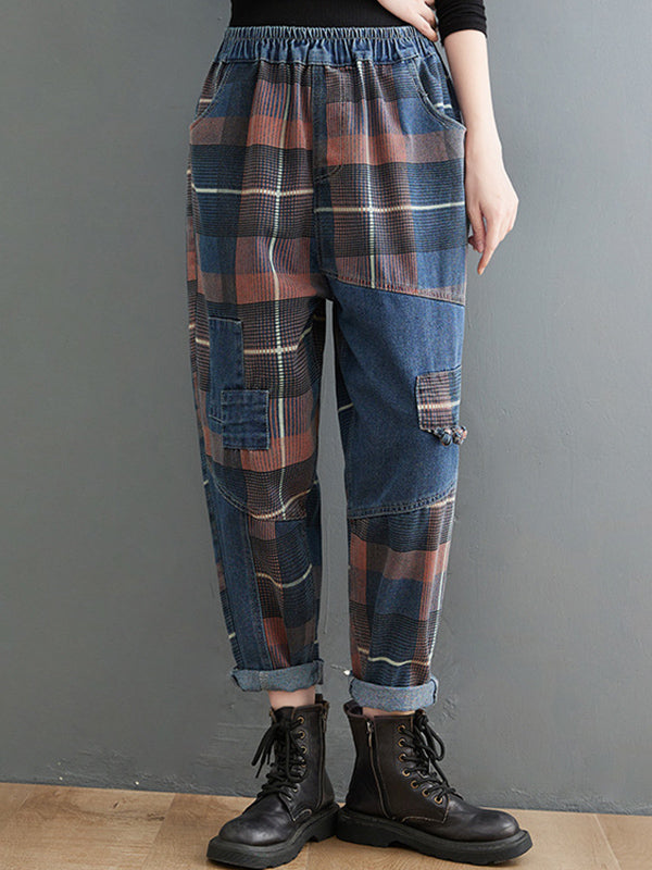 Original Artistic Retro Plaid Jean Pants