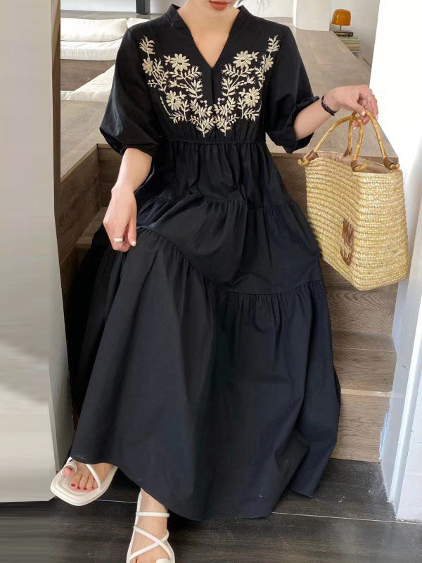 Embroidered Pleated Bishop Sleeve Loose V-neck Midi Dresses