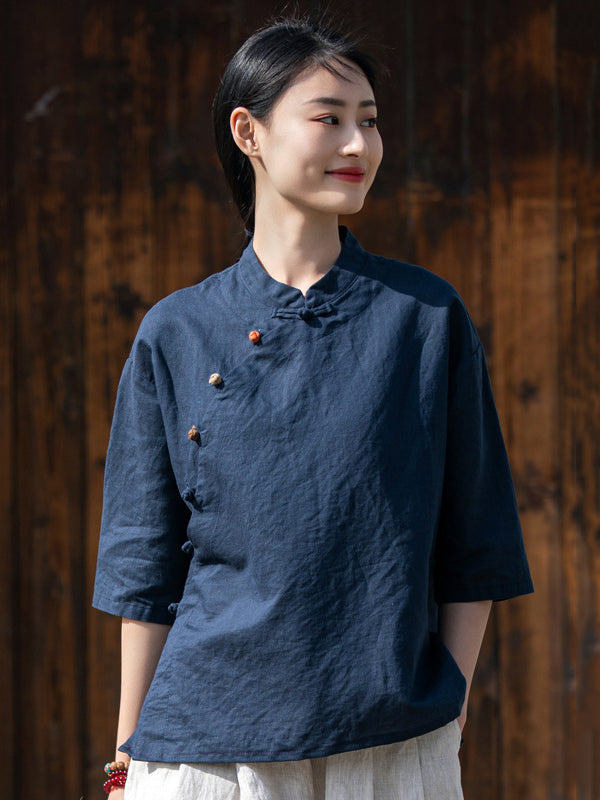 Artistic Retro Loose Half Sleeves Buttoned Contrast Color Stand Collar Blouses&Shirts Tops