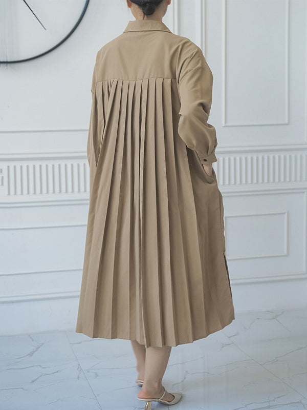 Buttoned Split-side Loose Three-quarter Sleeves Lapel Shirt Dress Midi Dresses