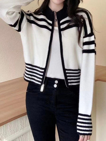 Contrast Color Striped Zipper Long Sleeves Mock Neck Cardigan Tops