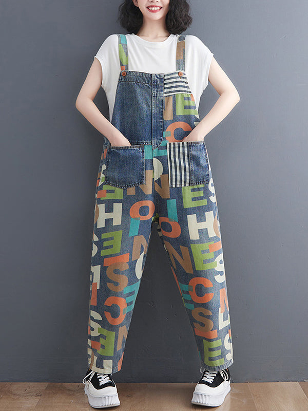 Asymmetric Buttoned Letter Print Pockets Split-Joint Striped High Waisted Loose Overalls