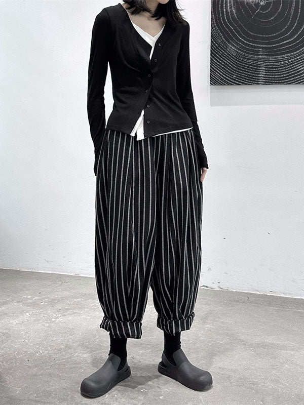 High-Waisted Split-Joint Striped Patterns Harem Pants Loose Trousers Pants