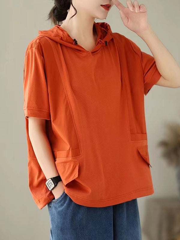 Drawstring Solid Color Split-Joint Hooded Loose Hooded T-Shirts Tops