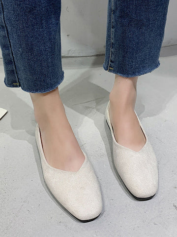 Solid Color Square-Toe Low Heels Flat Shoes