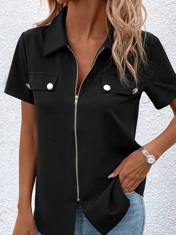 Split-Joint Zipper Loose Short Sleeves Lapel Blouses&Shirts Tops