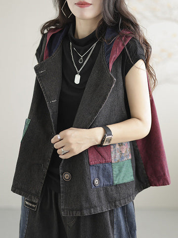 Artistic Retro Loose Denim Sleeveless Buttoned Contrast Color Hooded Vest Outerwear