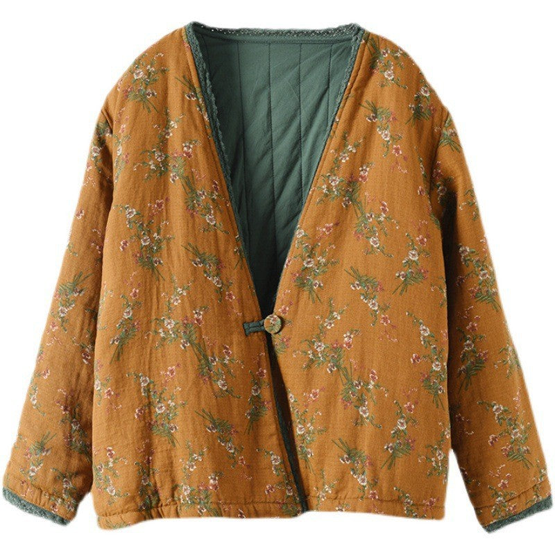 Button Details Delicate Lace-Trimmed V-Neck Floral Jacket