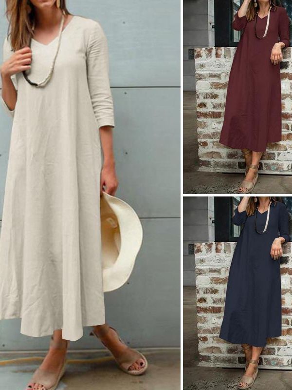 V-Neck Dress | Cotton Linen Dress | Long Sleeve Dress