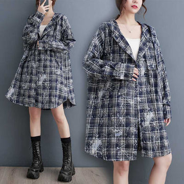 Vintage Coat | Hooded Coat | Plaid Print Coat