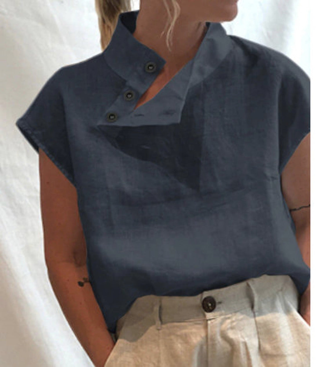 Solid Color Stand Collar Cap-Sleeve Shirts