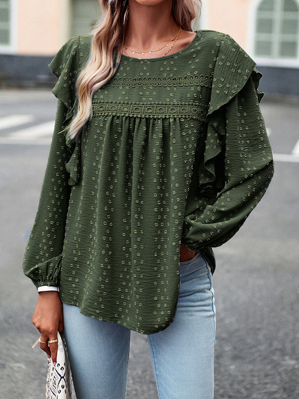 Hollow Jacquard Solid Color Split-Joint Loose Puff Sleeves Round-Neck T-Shirts