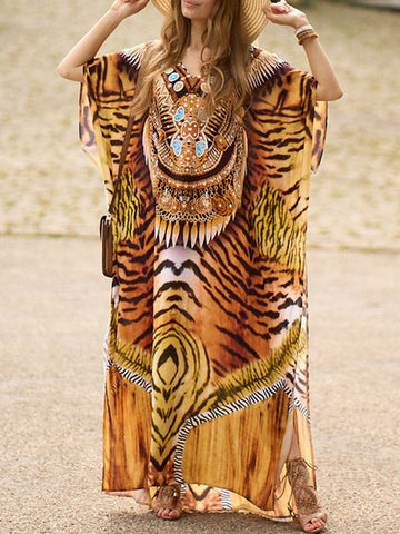 Patterned Split-side Tiger Skin Pattern Batwing Sleeves Relaxed Fit V-neck Maxi Dresses Beach Cover-Up