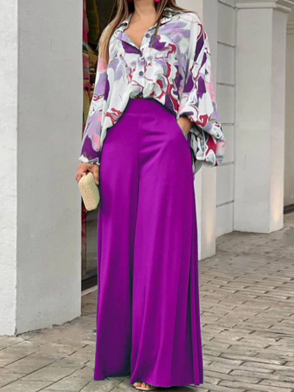 Loose Long Sleeves Floral Printed Blouses + High-Waisted Solid CoLor Wide Leg Pants Trousers Two Pieces Set