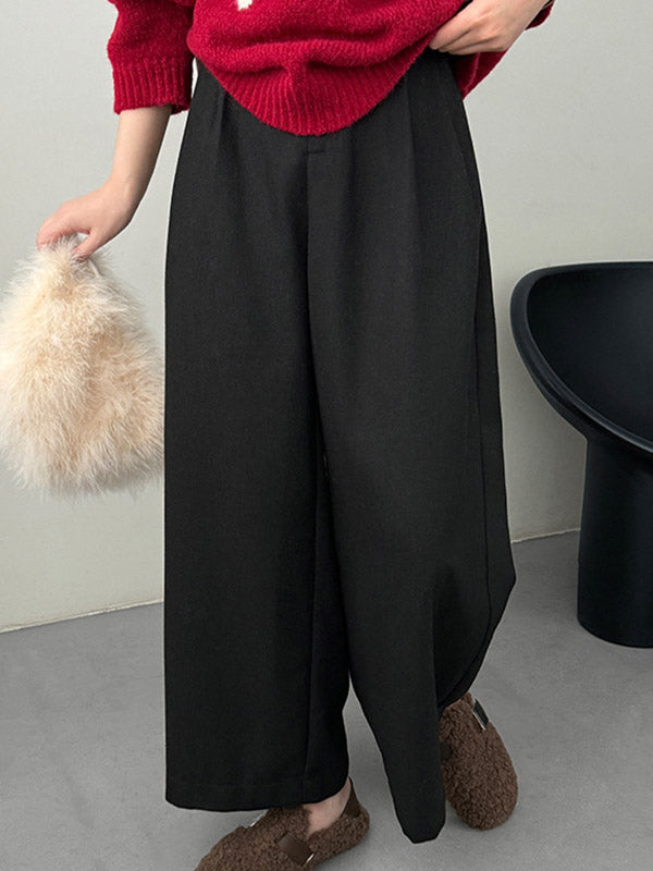 Pleated Solid Color Split-Joint High Waisted Loose Trousers Pants