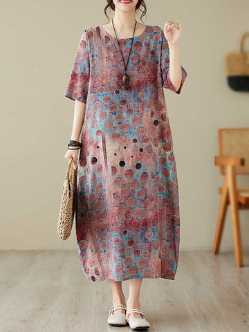 Contrast Color Polka-Dot Printed Half Sleeves Loose Round-Neck Midi Dresses