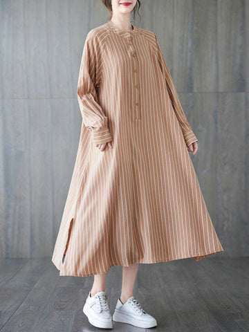 Buttoned Split-Side Striped Long Sleeves Loose Round-Neck Shirt Dress Midi Dresses