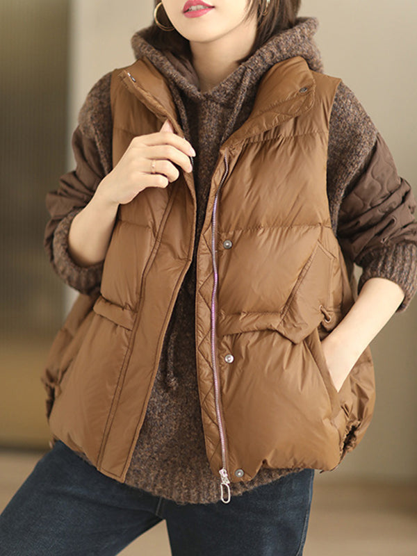 Original Creation Loose Sleeveless Solid Color Zipper High-Neck Vest Outerwear