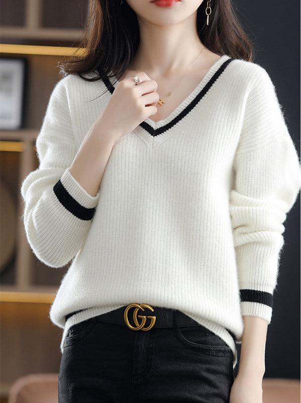 Urban Loose Long Sleeves Contrast Color V-Neck Sweater Tops