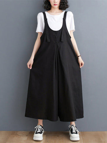 Buttoned Solid Color Ninth Pants Wide Leg Spaghetti-Neck Overalls