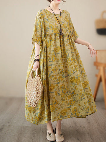 Floral Printed Pleated Split-Joint Loose Raglan Sleeve Round-Neck Midi Dresses