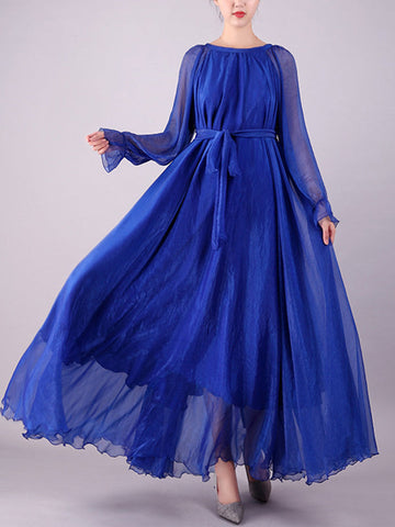 Falbala Gauze Pleated Solid Color Tied Waist Long Sleeves Loose Round-Neck Maxi Dresses