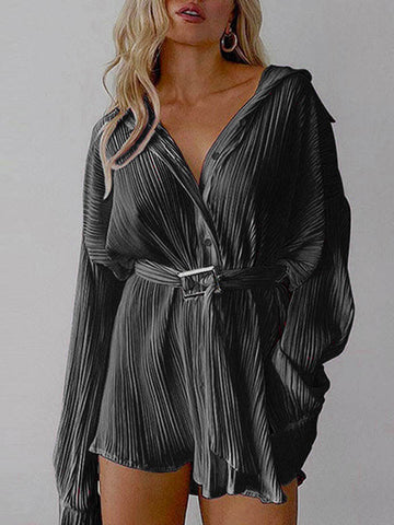 Buttoned Pleated Solid Color Tied Waist Long Sleeves Lapel Shirt Dress Mini Dresses