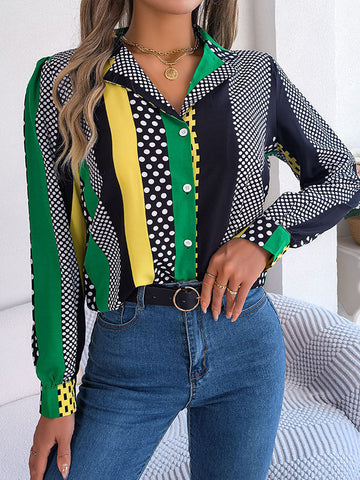 Buttoned Contrast Color Polka-Dot Long Sleeves Notched Collar Blouses&Shirts Tops