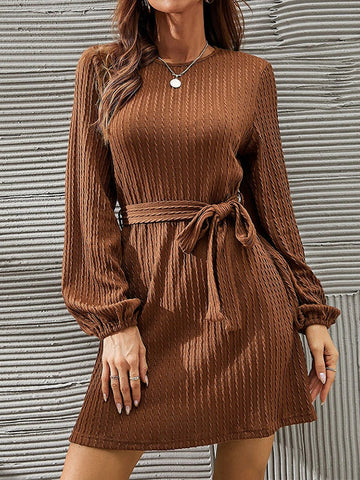 Hollow Solid Color Tied Waist Long Sleeves Loose Round-Neck Mini Dresses