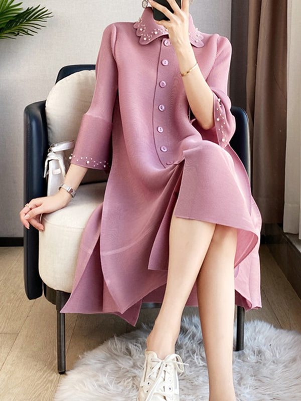 Beaded Pleated Loose Three-Quarter Sleeves Lapel Midi Dresses